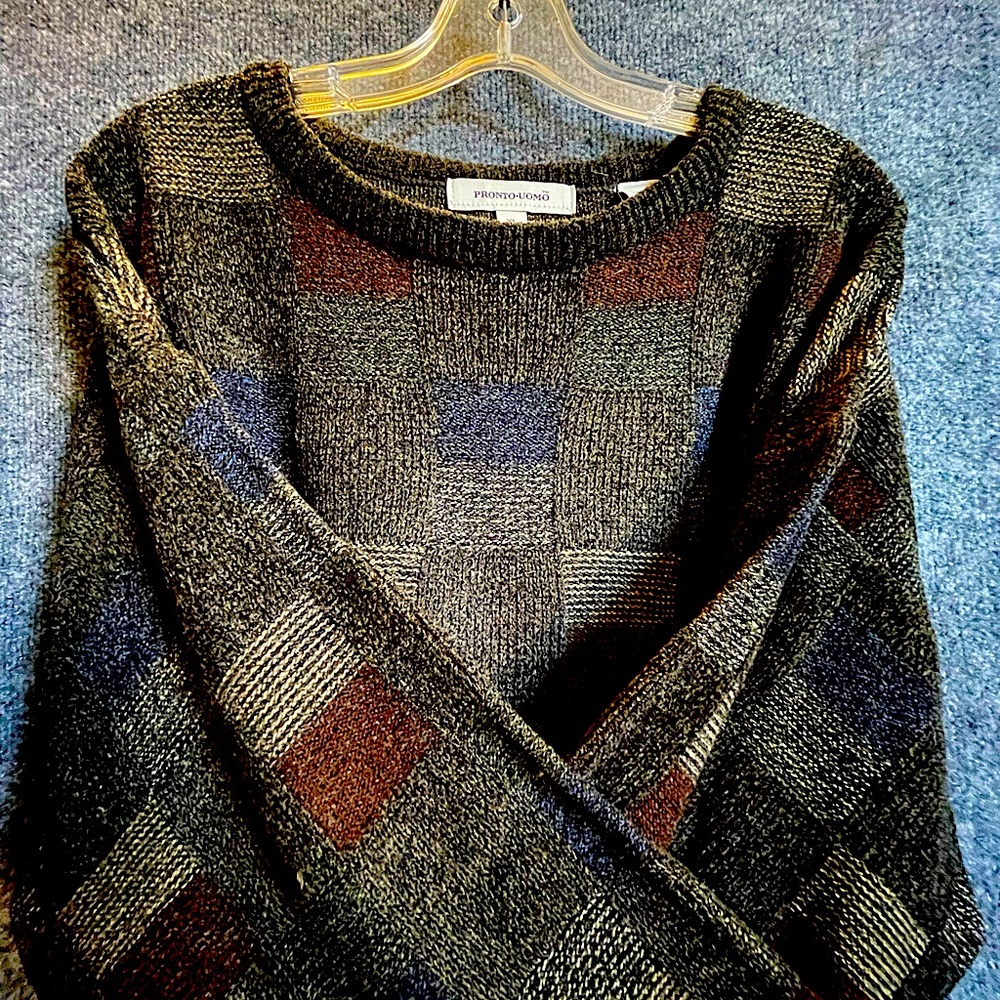 Pronto Uomo Brown and Blue Crewneck Sweater with Geometric Pattern